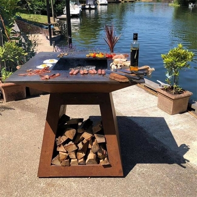 Wood Burning Trapezoid Base Outdoor Cooking Base Corten Steel Fire Pit BBQ Grill